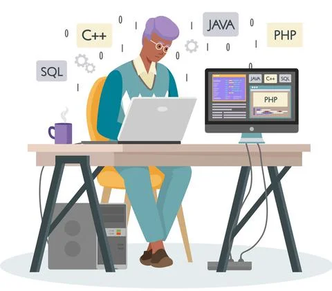Programmer engineering and coding. Programmer working on web development on Stock Illustration