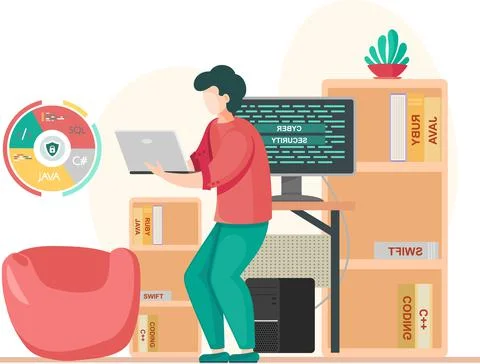 Programmer engineering and coding. Programmer working on web development on Stock Illustration