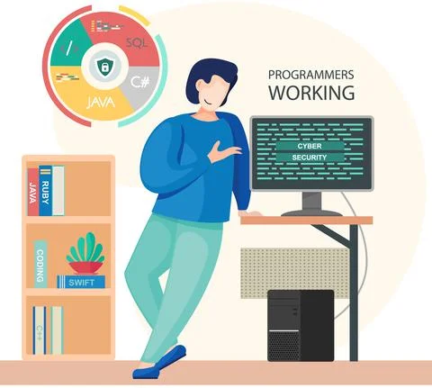 Programmer engineering and coding. Programmer working on web development on Stock Illustration