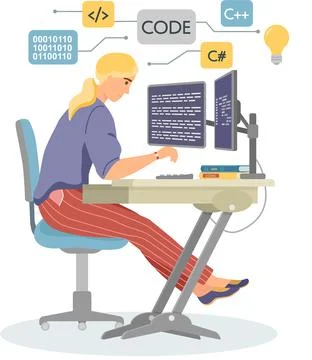Programmer engineering and coding. Programmer working on web development on Stock Illustration