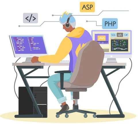 Programmer engineering and coding. Programmer working on web development on Stock Illustration