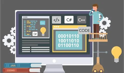 Programmer engineering and coding. Programmer working on web development on Stock Illustration