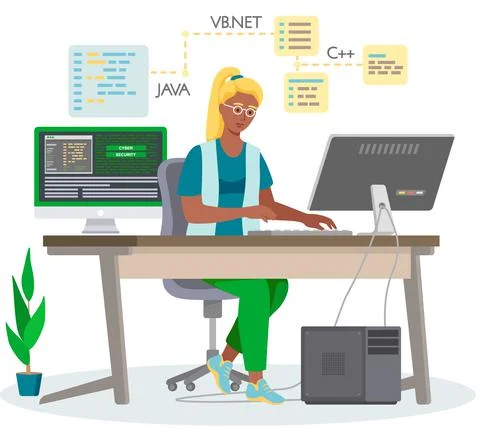 Programmer engineering and coding. Programmer working on web development on Stock Illustration