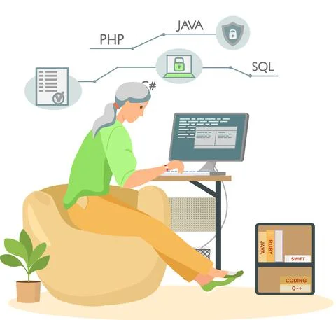 Programmer engineering and coding. Programmer working on web development on Stock Illustration