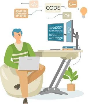 Programmer engineering and coding. Programmer working on web development on Stock Illustration