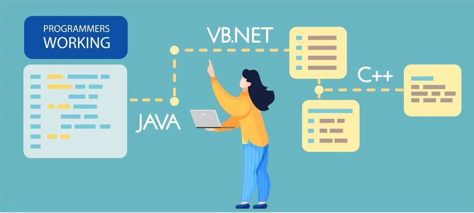 Programmer engineering and coding. Programmer working on web development on Stock Illustration