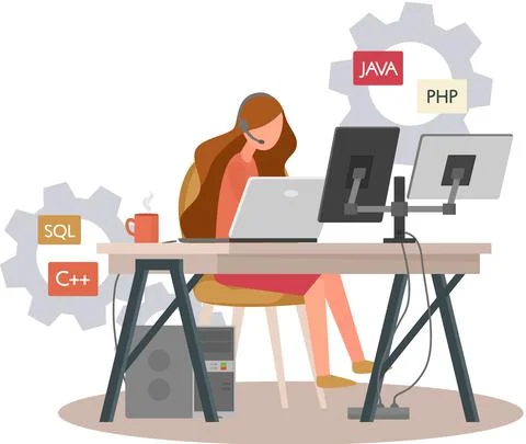 Programmer engineering and coding. Programmer working on web development on Stock Illustration