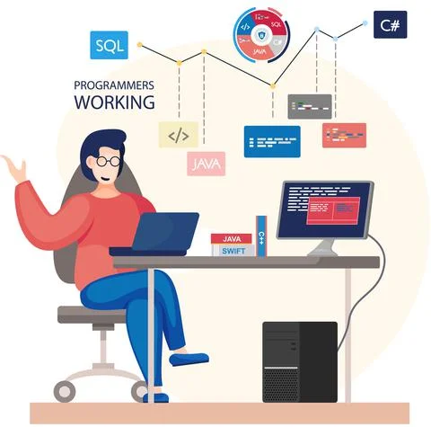 Programmer engineering and coding. Programmer working on web development on Stock Illustration