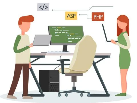 Programmer engineering and coding. Programmer working on web development on Stock Illustration