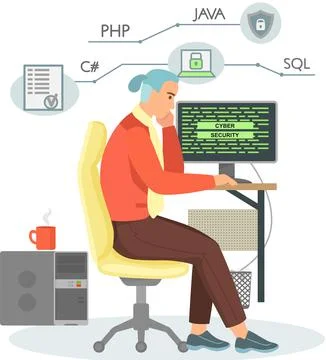 Programmer engineering and coding. Programmer working on web development on Stock Illustration