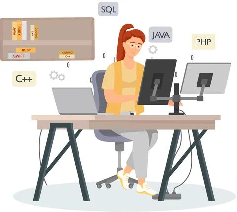 Programmer engineering and coding. Programmer working on web development on Stock Illustration