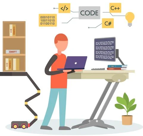 Programmer engineering and coding. Programmer working on web development on Stock Illustration