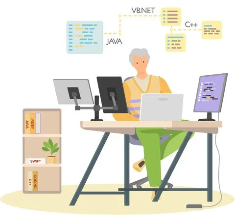 Programmer engineering and coding. Programmer working on web development on Stock Illustration