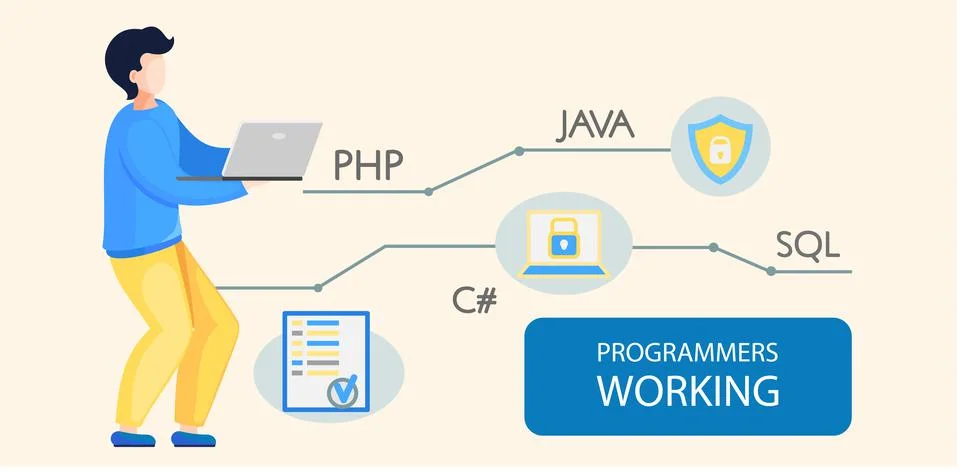 Programmer engineering and coding. Programmer working on web development on Stock Illustration