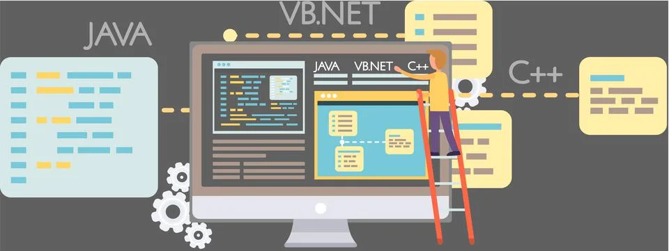 Programmer engineering and coding. Programmer working on web development on Stock Illustration