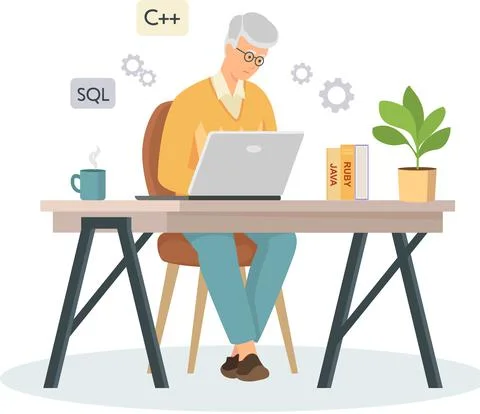 Programmer engineering and coding. Programmer working on web development on Stock Illustration