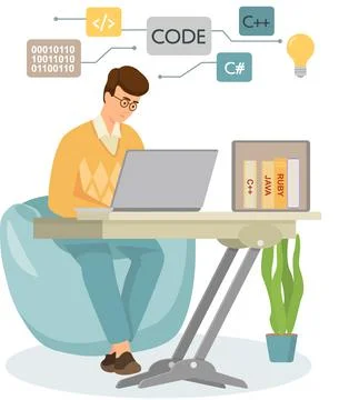 Programmer engineering and coding. Programmer working on web development on Stock Illustration