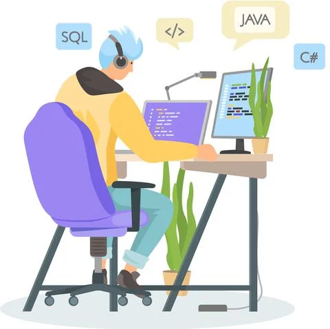 Programmer engineering and coding. Programmer working on web development on Stock Illustration