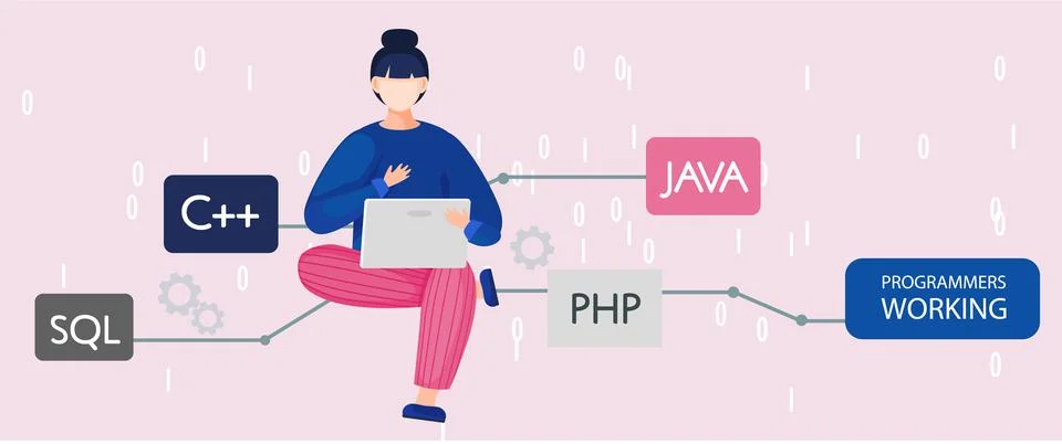 Programmer engineering and coding. Programmer working on web development on Stock Illustration