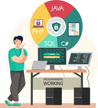 Programmer engineering and coding. Programmer working on web development on Stock Illustration
