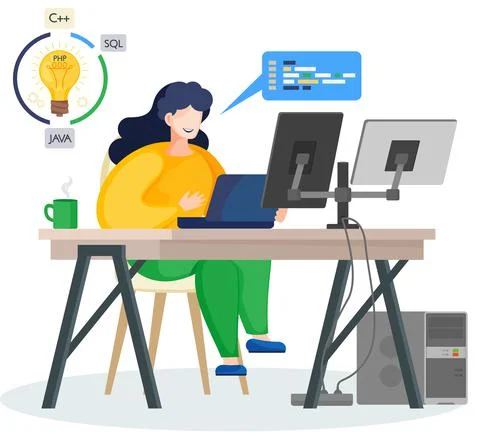 Programmer engineering and coding. Programmer working on web development on Stock Illustration