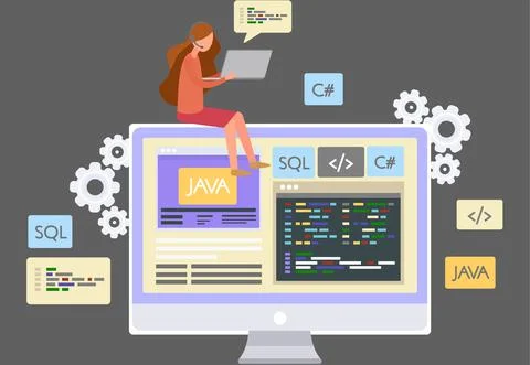 Programmer engineering and coding. Programmer working on web development on Stock Illustration