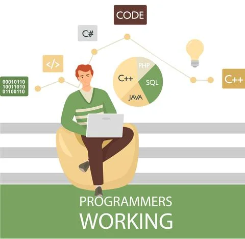 Programmer engineering and coding. Programmer working on web development on Stock Illustration