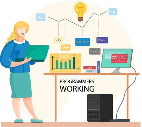 Programmer engineering and coding. Programmer working on web development on Stock Illustration