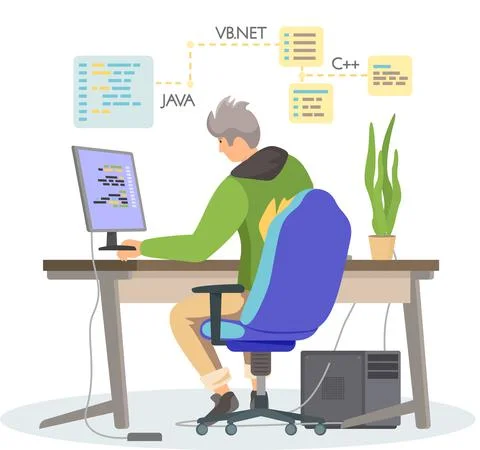 Programmer engineering and coding. Programmer working on web development on Stock Illustration