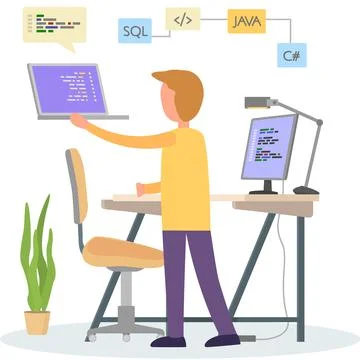 Programmer engineering and coding. Programmer working on web development on Stock Illustration