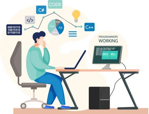 Programmer engineering and coding. Programmer working on web development on Stock Illustration