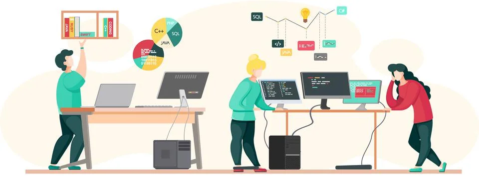 Programmer engineering and coding. Programmer working on web development on Stock Illustration