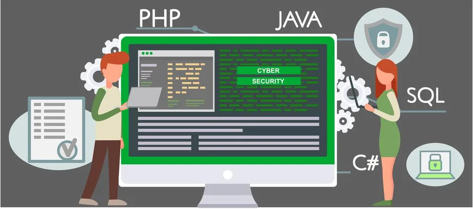 Programmer engineering and coding. Programmer working on web development on Stock Illustration