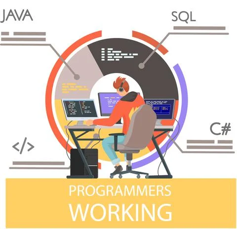 Programmer engineering and coding. Programmer working on web development on Stock Illustration