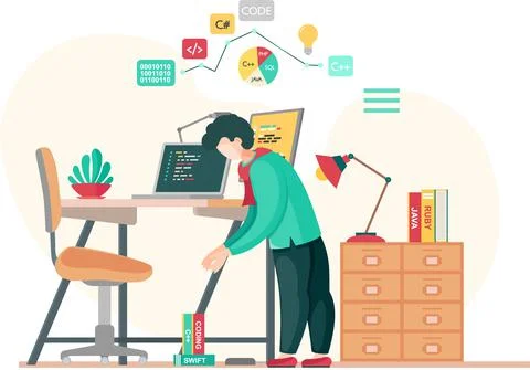 Programmer engineering and coding. Programmer working on web development on Stock Illustration