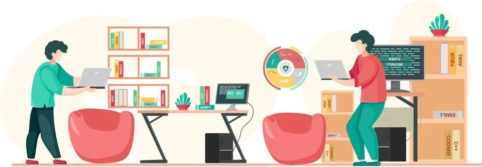 Programmer engineering and coding. Programmer working on web development on Stock Illustration