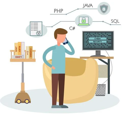 Programmer engineering and coding. Programmer working on web development on Stock Illustration