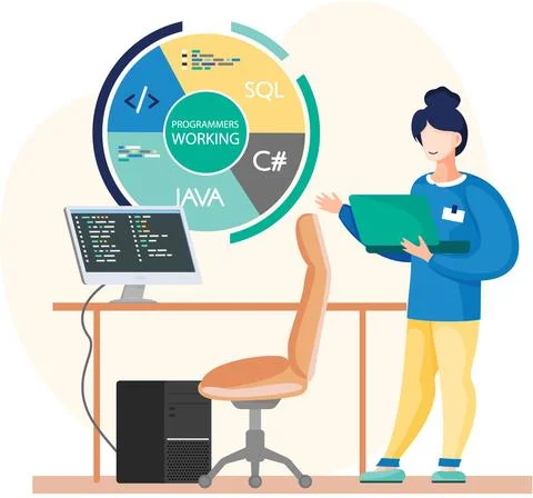 Programmer engineering and coding. Programmer working on web development on Stock Illustration