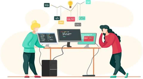 Programmer engineering and coding. Programmer working on web development on Stock Illustration