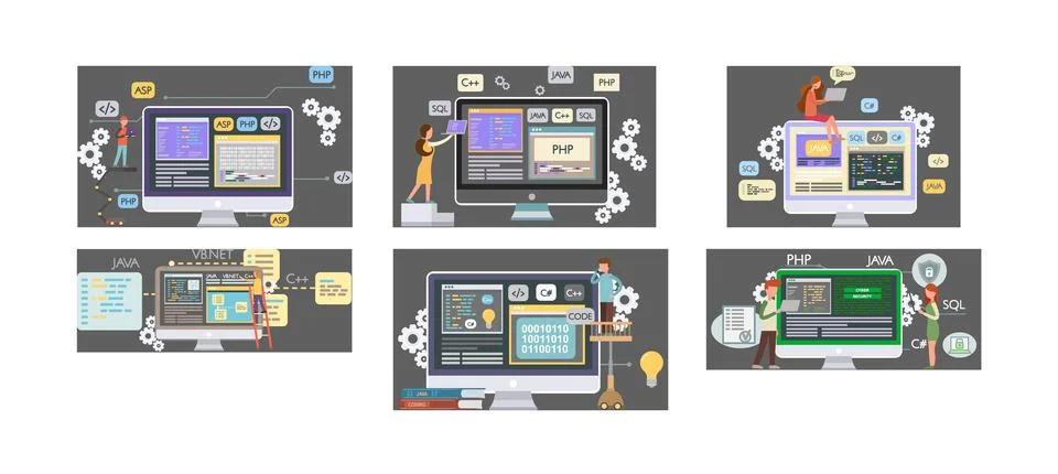 Programmer engineering and coding. Programmer working on web development on Stock Illustration