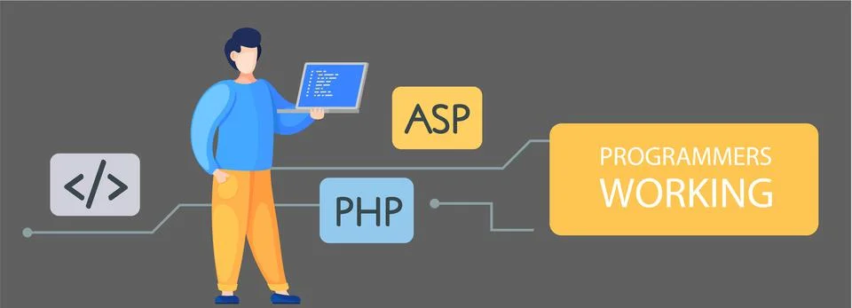 Programmer engineering and coding. Programmer working on web development on Stock Illustration