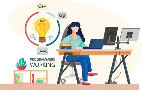 Programmer engineering and coding. Programmer working on web development on Stock Illustration