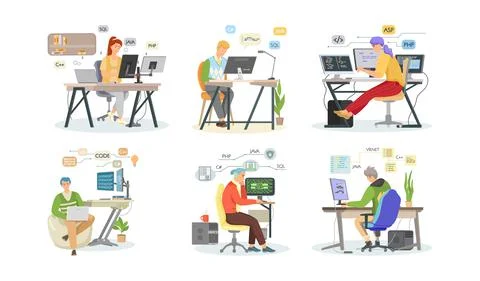 Programmer engineering and coding. Programmer working on web development on Stock Illustration