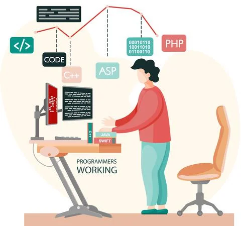 Programmer engineering and coding. Programmer working on web development on Stock Illustration