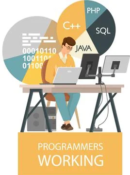 Programmer engineering and coding. Programmer working on web development on Stock Illustration