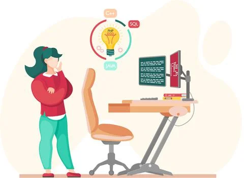 Programmer engineering and coding. Programmer working on web development on Stock Illustration