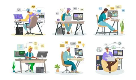 Programmer engineering and coding. Programmer working on web development on Stock Illustration