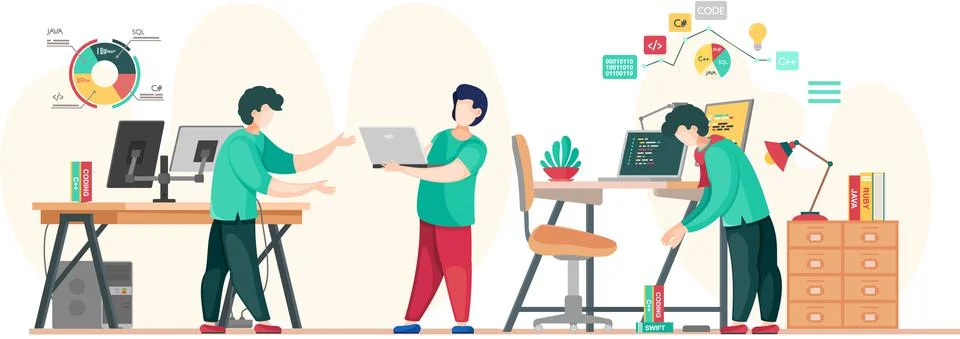 Programmer engineering and coding. Programmer working on web development on Stock Illustration