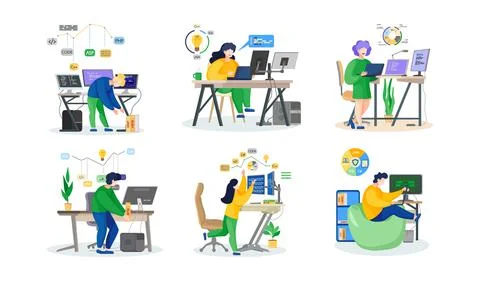 Programmer engineering and coding. Programmer working on web development on Stock Illustration