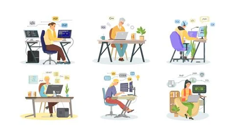 Programmer engineering and coding. Programmer working on web development on Stock Illustration